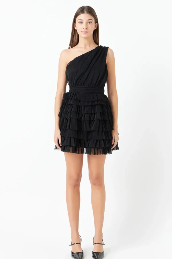 ENDLESS ROSE One Shoulder | Little Black Dress*- Tiered Tulle Mini Dress