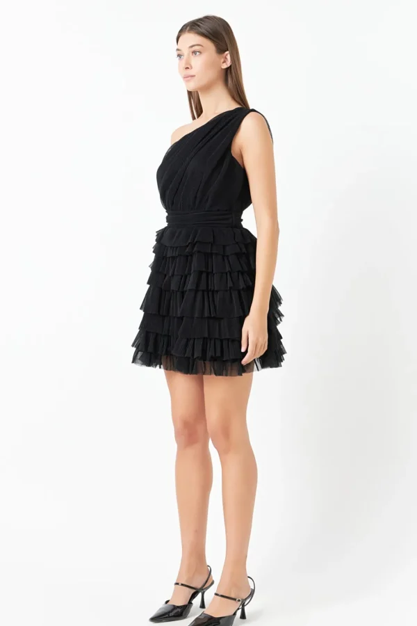 ENDLESS ROSE One Shoulder | Little Black Dress*- Tiered Tulle Mini Dress