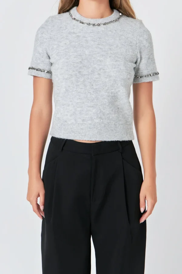 ENDLESS ROSE Tops*- Trimmed Knit Short Sleeve Top