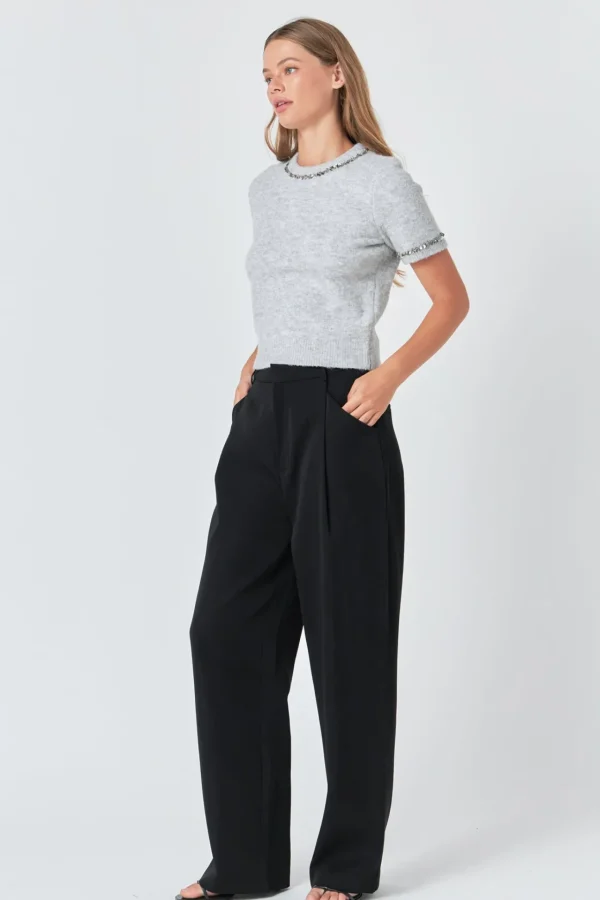 ENDLESS ROSE Tops*- Trimmed Knit Short Sleeve Top
