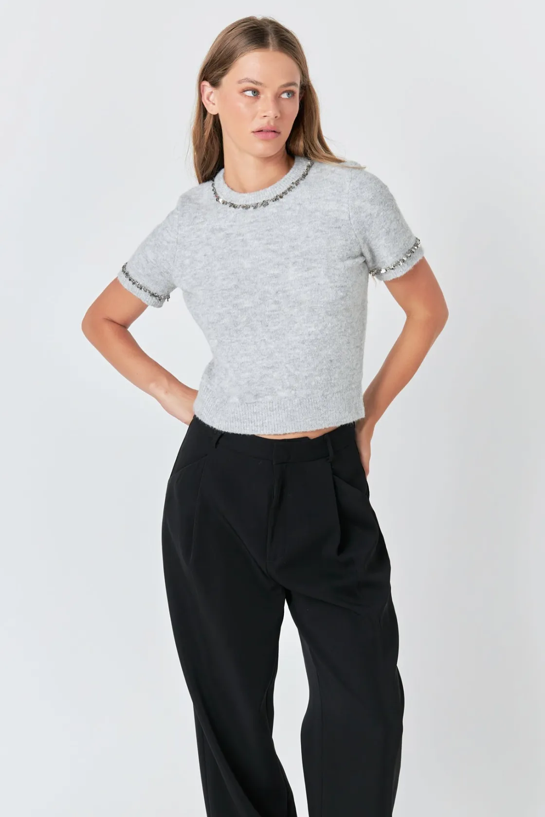 endless_rose__trimmed_kni_3.webp ENDLESS ROSE Tops*- Trimmed Knit Short Sleeve Top