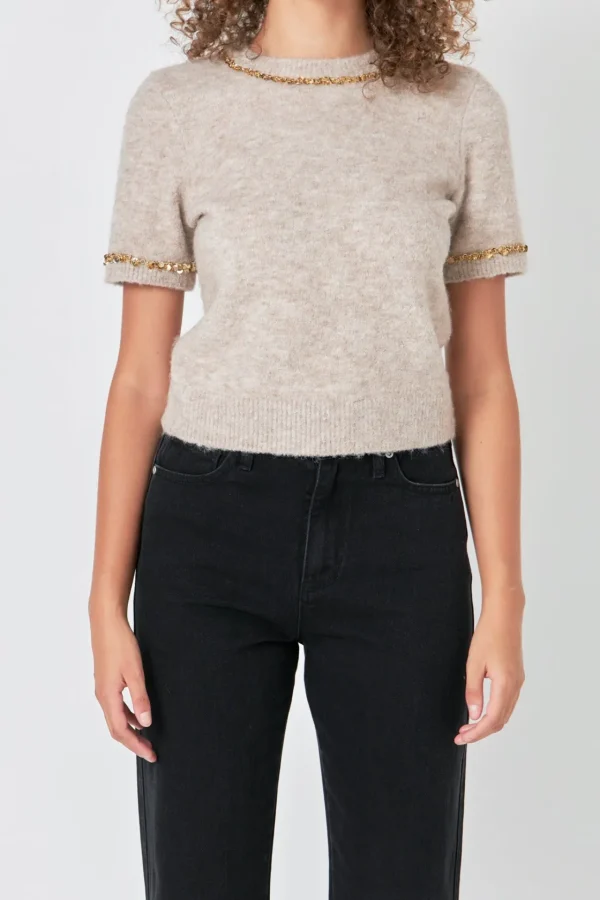 ENDLESS ROSE Tops*- Trimmed Knit Short Sleeve Top