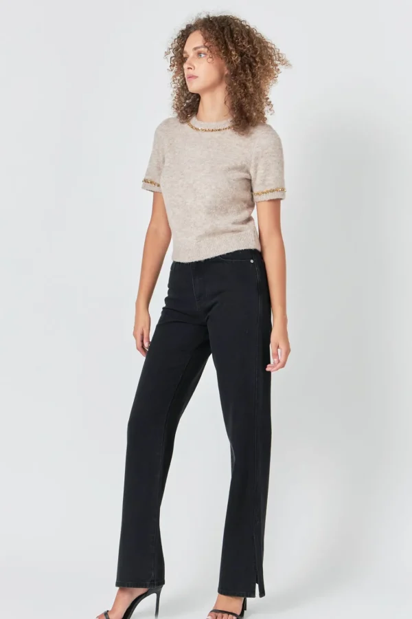 ENDLESS ROSE Tops*- Trimmed Knit Short Sleeve Top