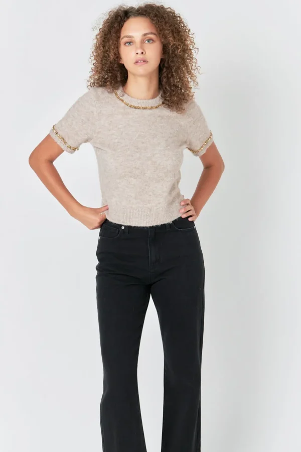 ENDLESS ROSE Tops*- Trimmed Knit Short Sleeve Top