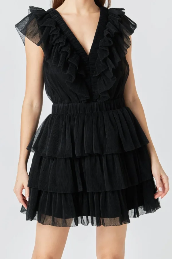 ENDLESS ROSE Tops*- Tulle Ruffle Tiered Mini Dress BLACK