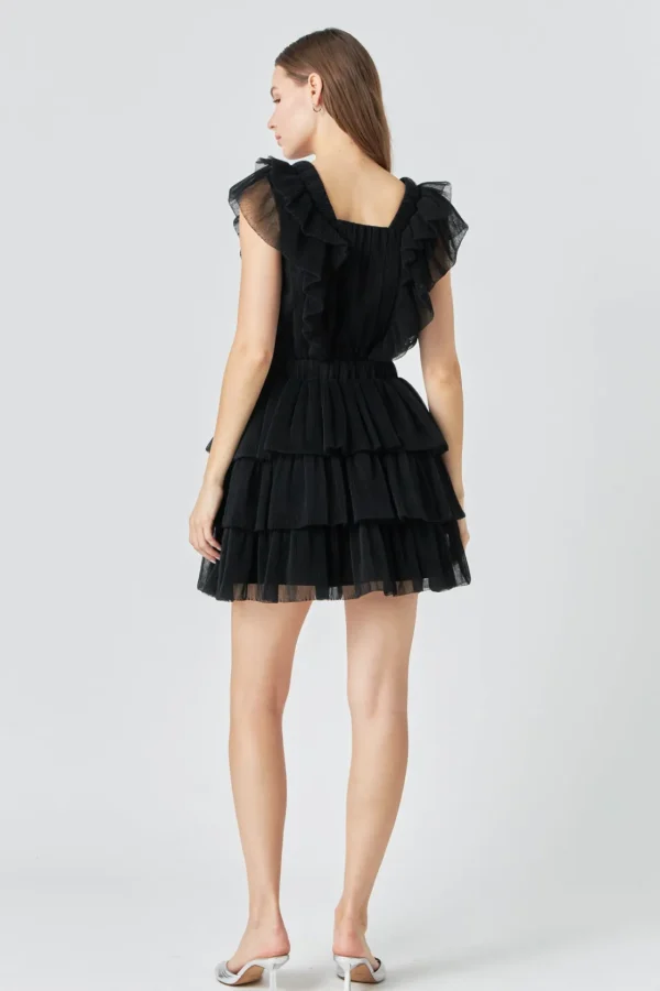 ENDLESS ROSE Tops*- Tulle Ruffle Tiered Mini Dress BLACK