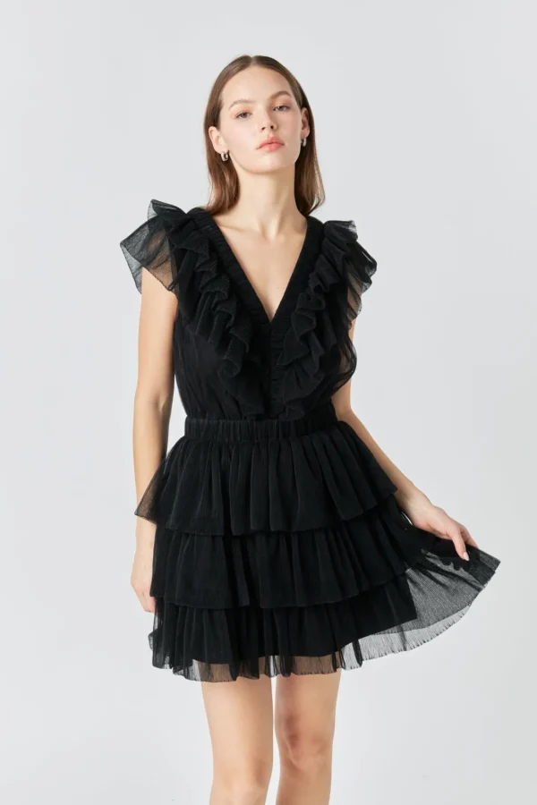 ENDLESS ROSE Tops*- Tulle Ruffle Tiered Mini Dress BLACK