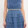 ENDLESS ROSE Tops*- Tulle Tiered Mini Dress with Jeweled Belt BLUE