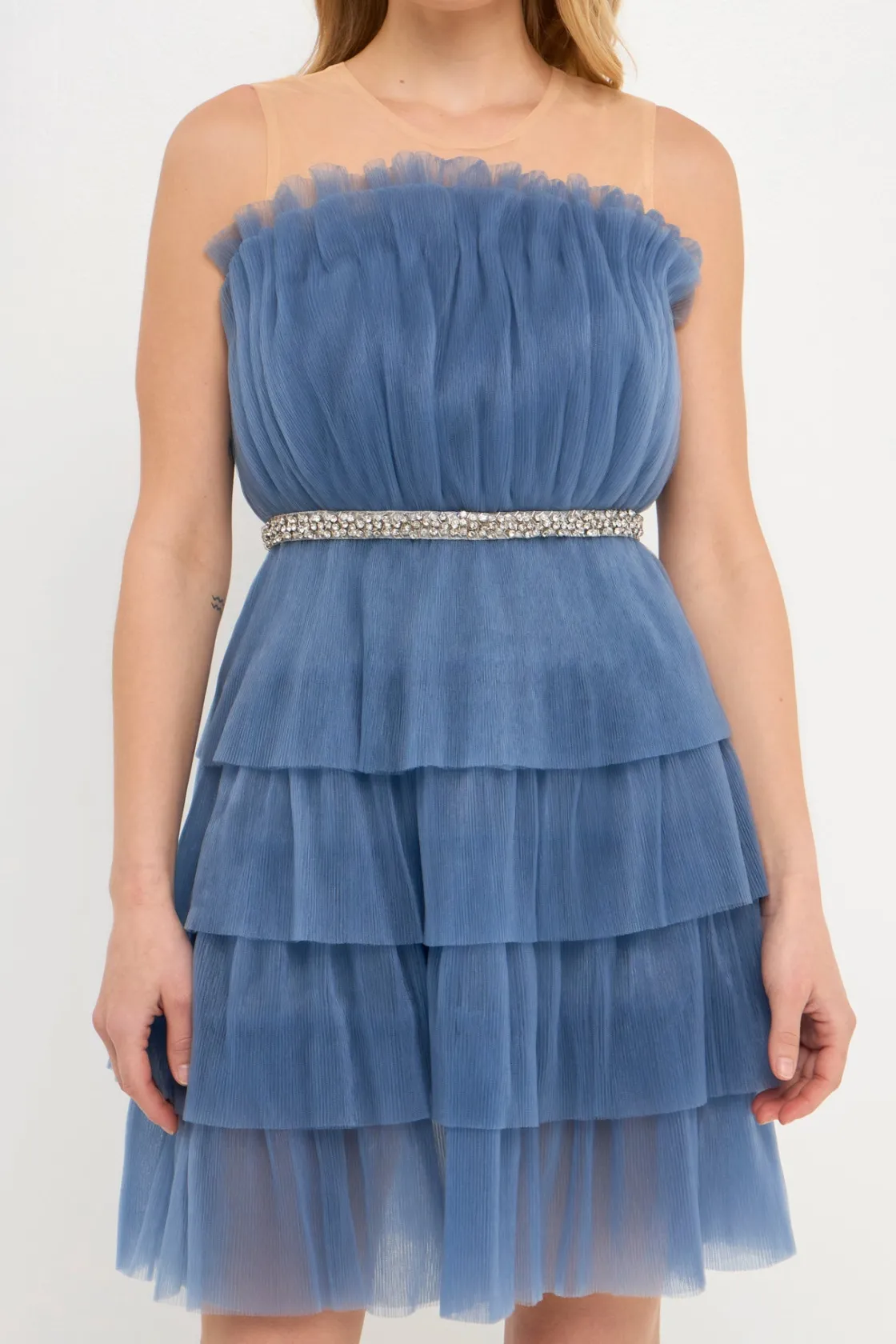 endless_rose__tulle_tiere_0.webp ENDLESS ROSE Tops*- Tulle Tiered Mini Dress with Jeweled Belt BLUE
