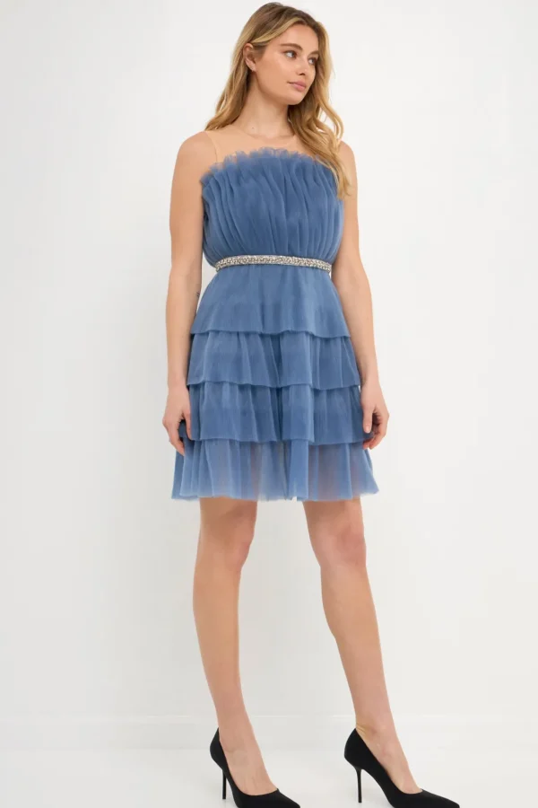 ENDLESS ROSE Tops*- Tulle Tiered Mini Dress with Jeweled Belt BLUE