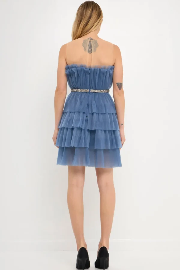 ENDLESS ROSE Tops*- Tulle Tiered Mini Dress with Jeweled Belt BLUE