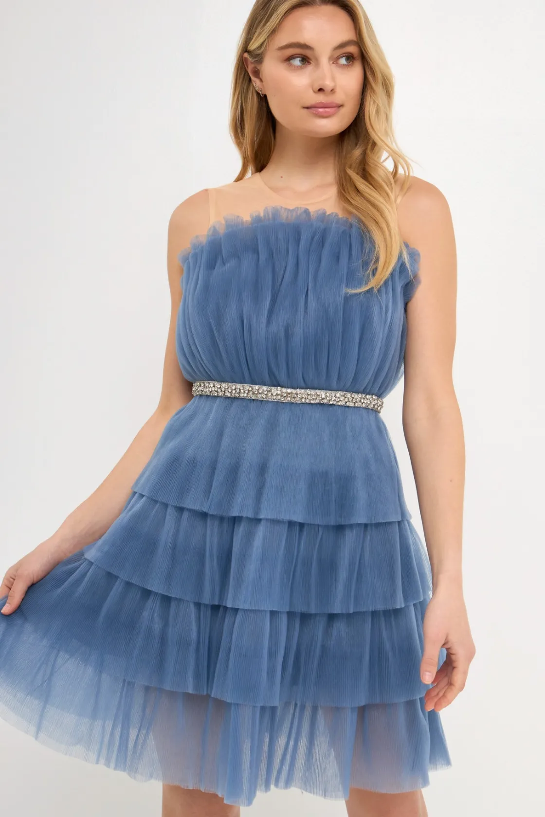 endless_rose__tulle_tiere_3.webp ENDLESS ROSE Tops*- Tulle Tiered Mini Dress with Jeweled Belt BLUE
