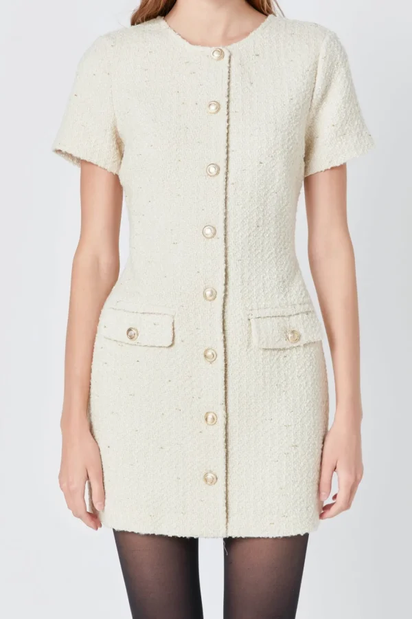 ENDLESS ROSE Tweed Dresses | Tops*- Tweed Buttoned Mini Dress IVORY
