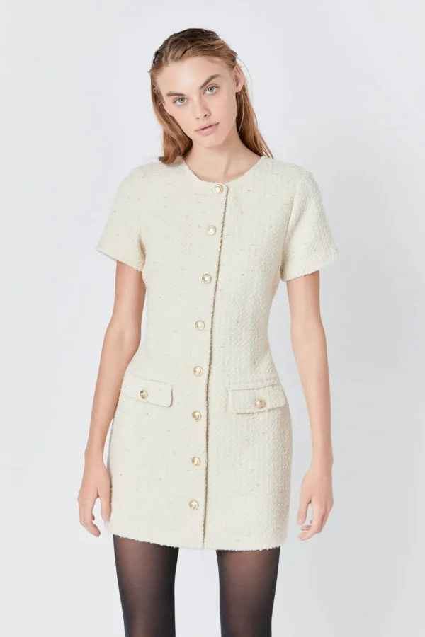 ENDLESS ROSE Tweed Dresses | Tops*- Tweed Buttoned Mini Dress IVORY
