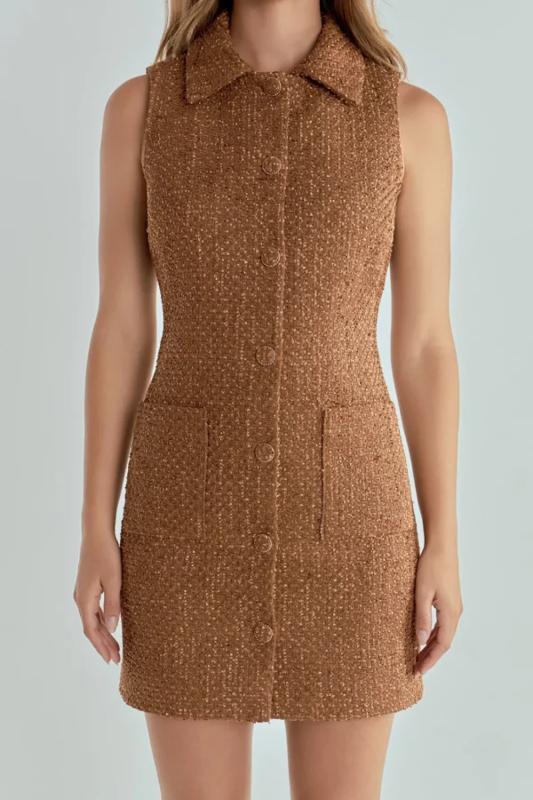 ENDLESS ROSE Tweed Dresses | Tops*- Tweed Collared Mini Dress CAMEL