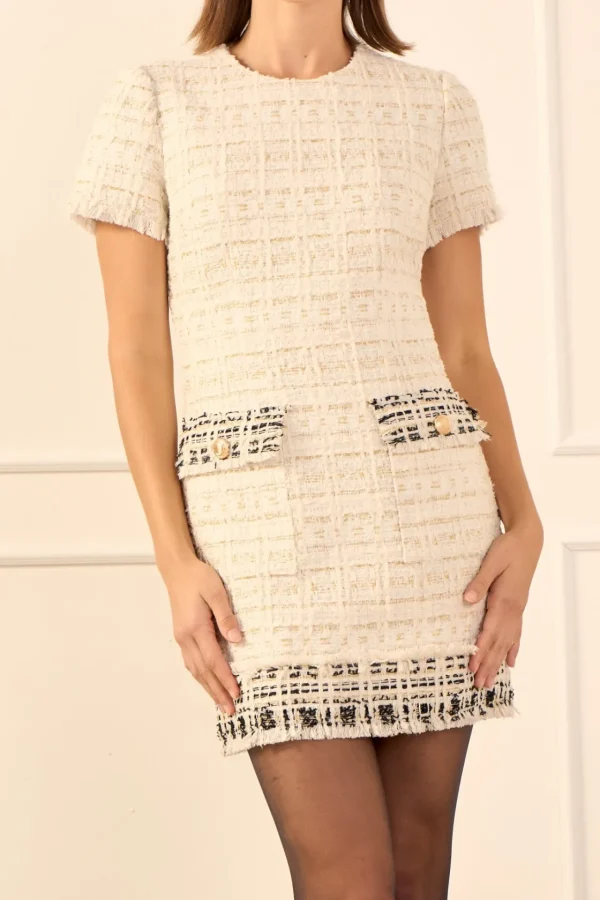 ENDLESS ROSE Tweed Dresses | Tops*- Tweed Fringed Mini Dress IVORYMULTI