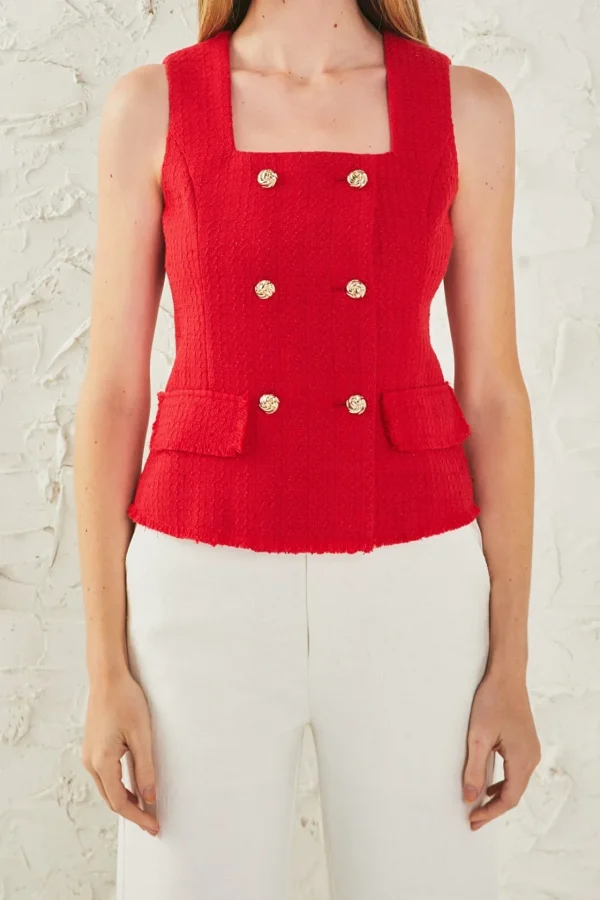 ENDLESS ROSE Tops*- Tweed Fringed Double Button Top