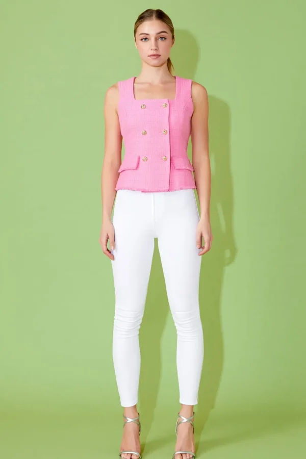 ENDLESS ROSE Tops*- Tweed Fringed Double Button Top