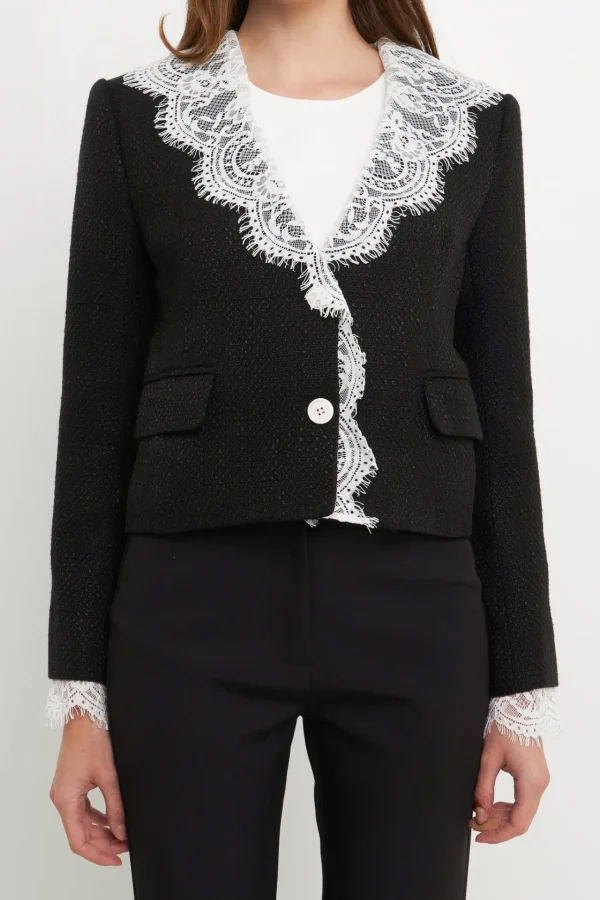 ENDLESS ROSE Jackets & Coats*- Tweed Jacket With Lace Collar BLACK