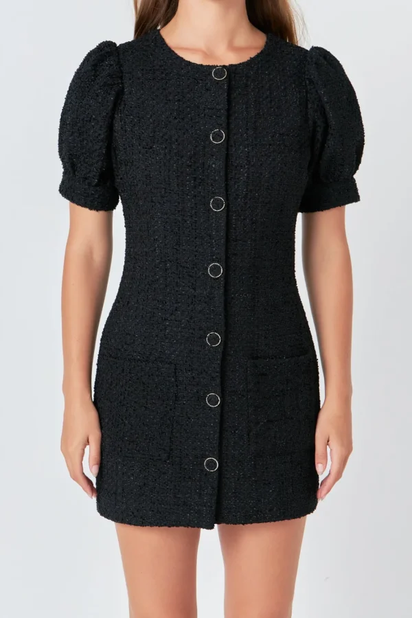 ENDLESS ROSE Little Black Dress | Tweed Dresses*- Tweed Puff Sleeve Mini Dress BLACK