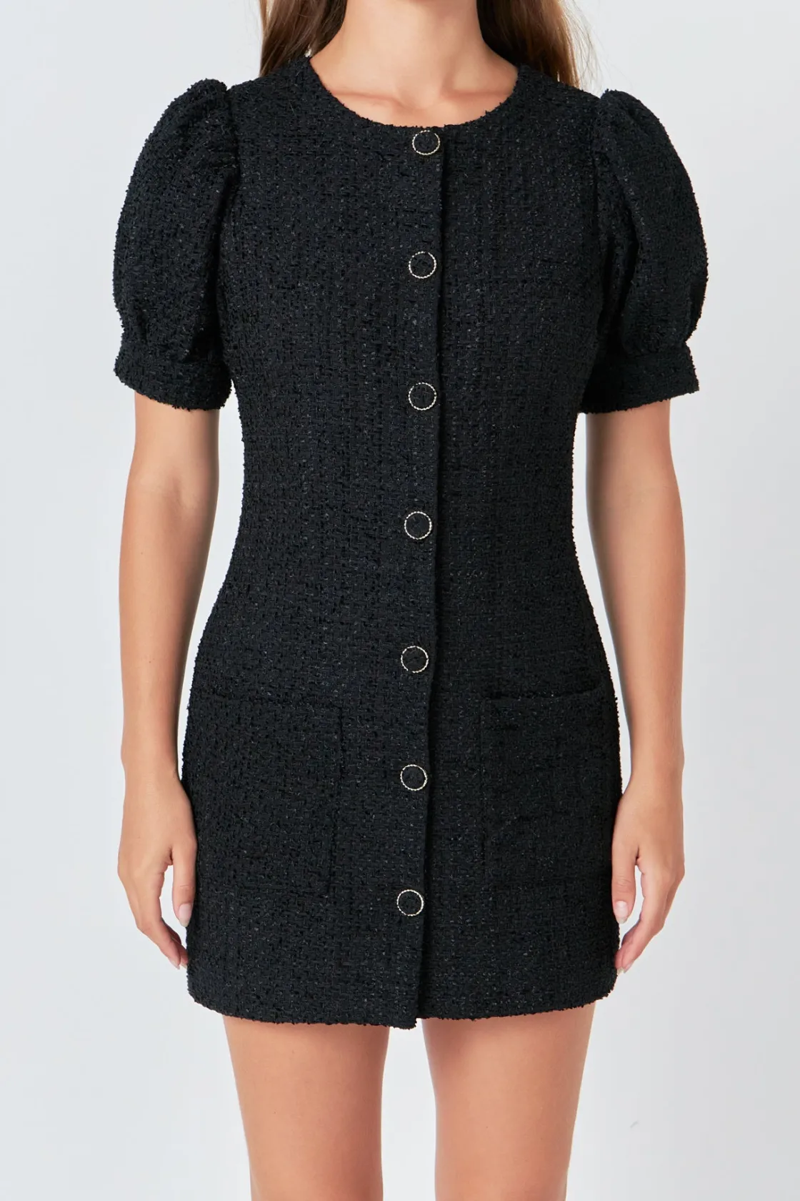 endless_rose__tweed_puff__0.webp ENDLESS ROSE Little Black Dress | Tweed Dresses*- Tweed Puff Sleeve Mini Dress BLACK