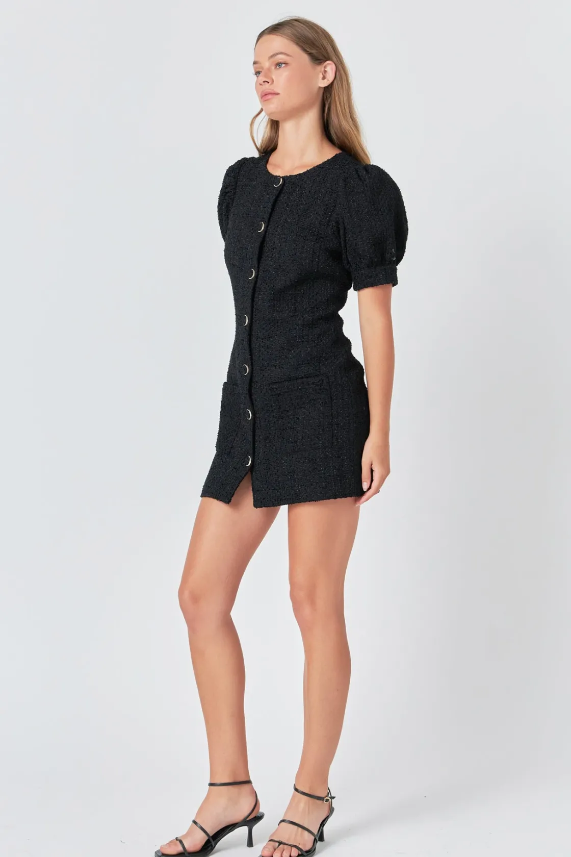 endless_rose__tweed_puff__1.webp ENDLESS ROSE Little Black Dress | Tweed Dresses*- Tweed Puff Sleeve Mini Dress BLACK