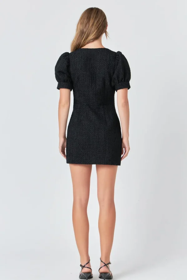 ENDLESS ROSE Little Black Dress | Tweed Dresses*- Tweed Puff Sleeve Mini Dress BLACK