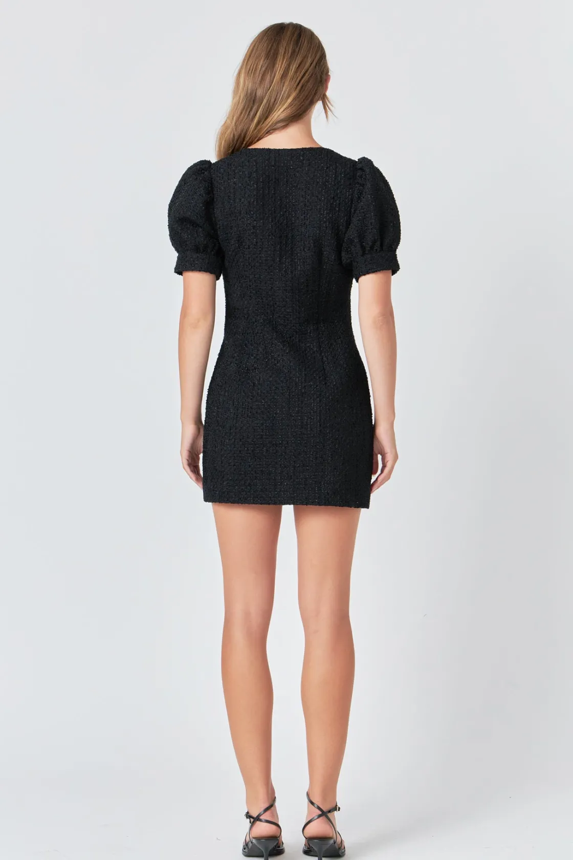 endless_rose__tweed_puff__2.webp ENDLESS ROSE Little Black Dress | Tweed Dresses*- Tweed Puff Sleeve Mini Dress BLACK