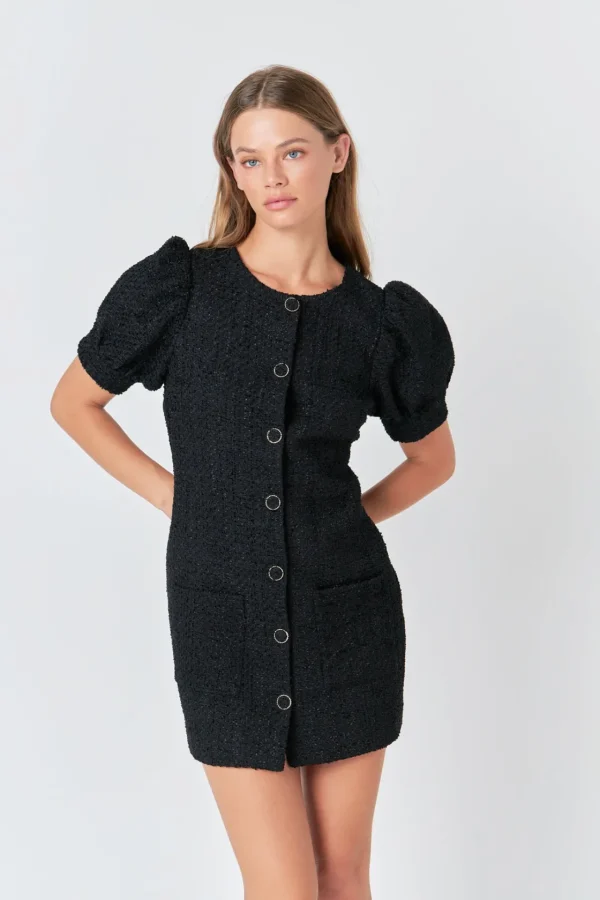 ENDLESS ROSE Little Black Dress | Tweed Dresses*- Tweed Puff Sleeve Mini Dress BLACK