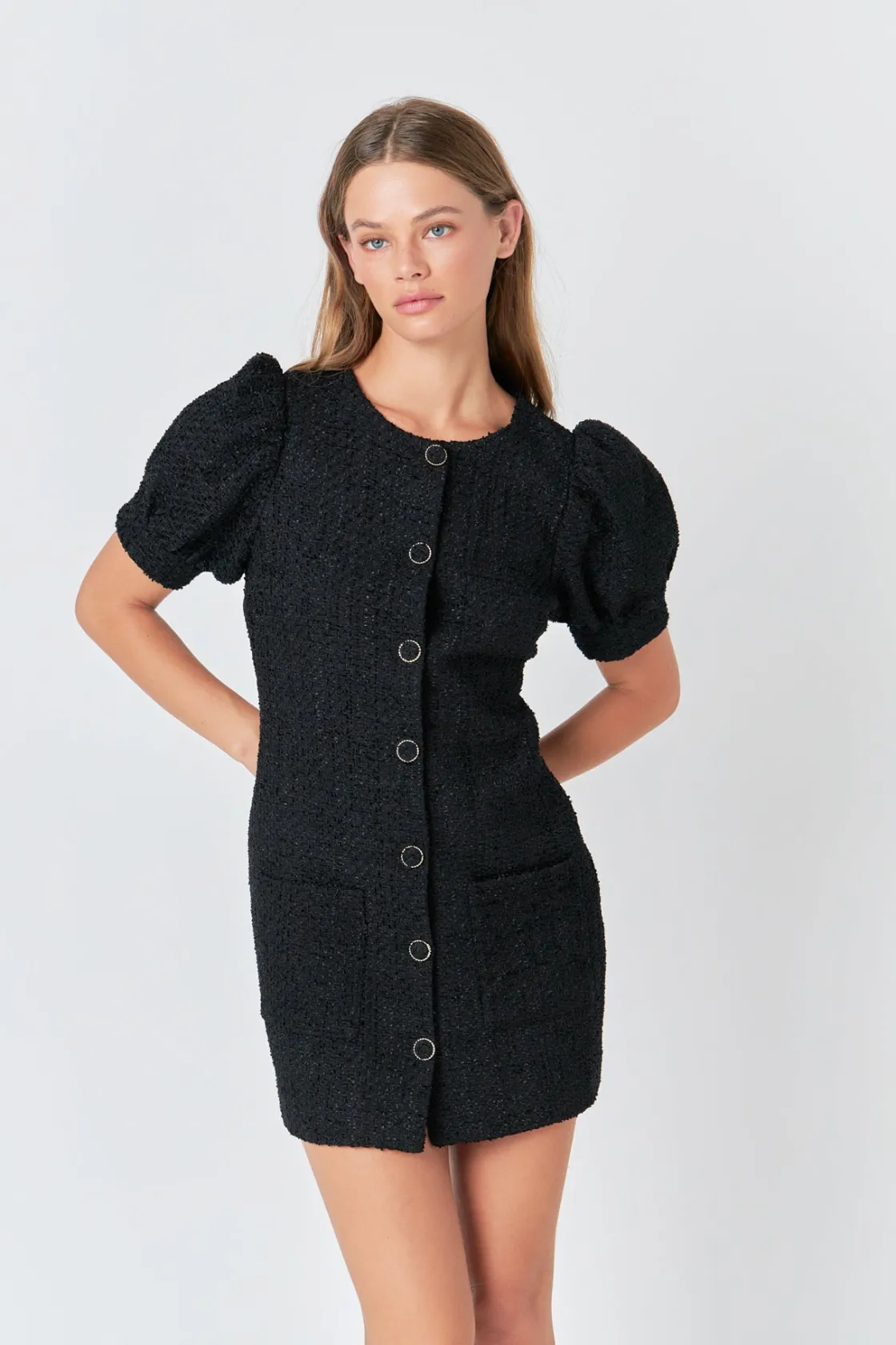 endless_rose__tweed_puff__3.webp ENDLESS ROSE Little Black Dress | Tweed Dresses*- Tweed Puff Sleeve Mini Dress BLACK