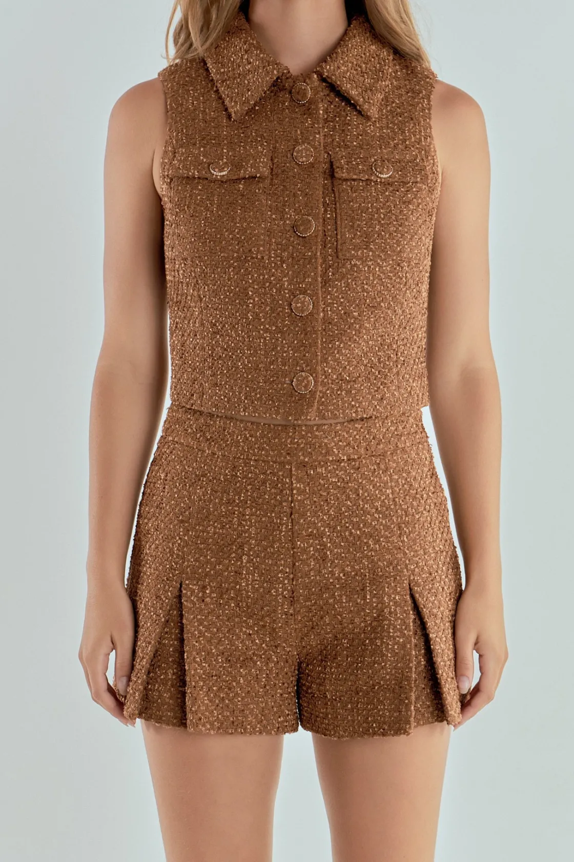endless_rose__tweed_short_0-1.webp ENDLESS ROSE Matching Sets | Jackets & Coats*- Tweed Short Sleeveless Jacket CAMEL