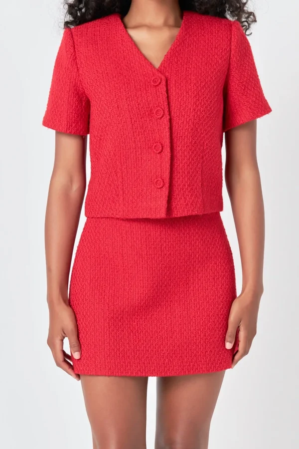 ENDLESS ROSE Matching Sets | Tops*- Tweed Short Sleeve Top RED