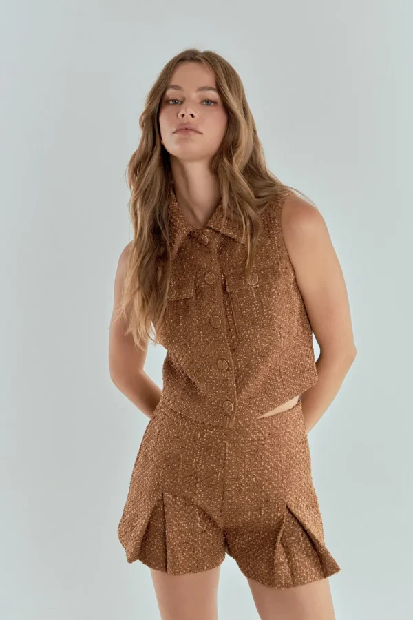 ENDLESS ROSE Matching Sets | Jackets & Coats*- Tweed Short Sleeveless Jacket CAMEL