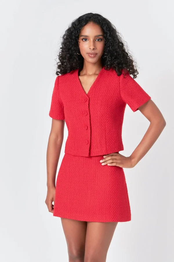 ENDLESS ROSE Matching Sets | Tops*- Tweed Short Sleeve Top RED