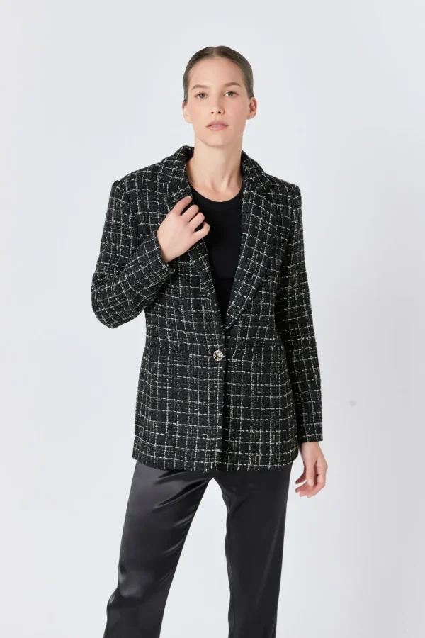 ENDLESS ROSE Blazers | Tops*- Tweed Single Breasted Blazer BLACK