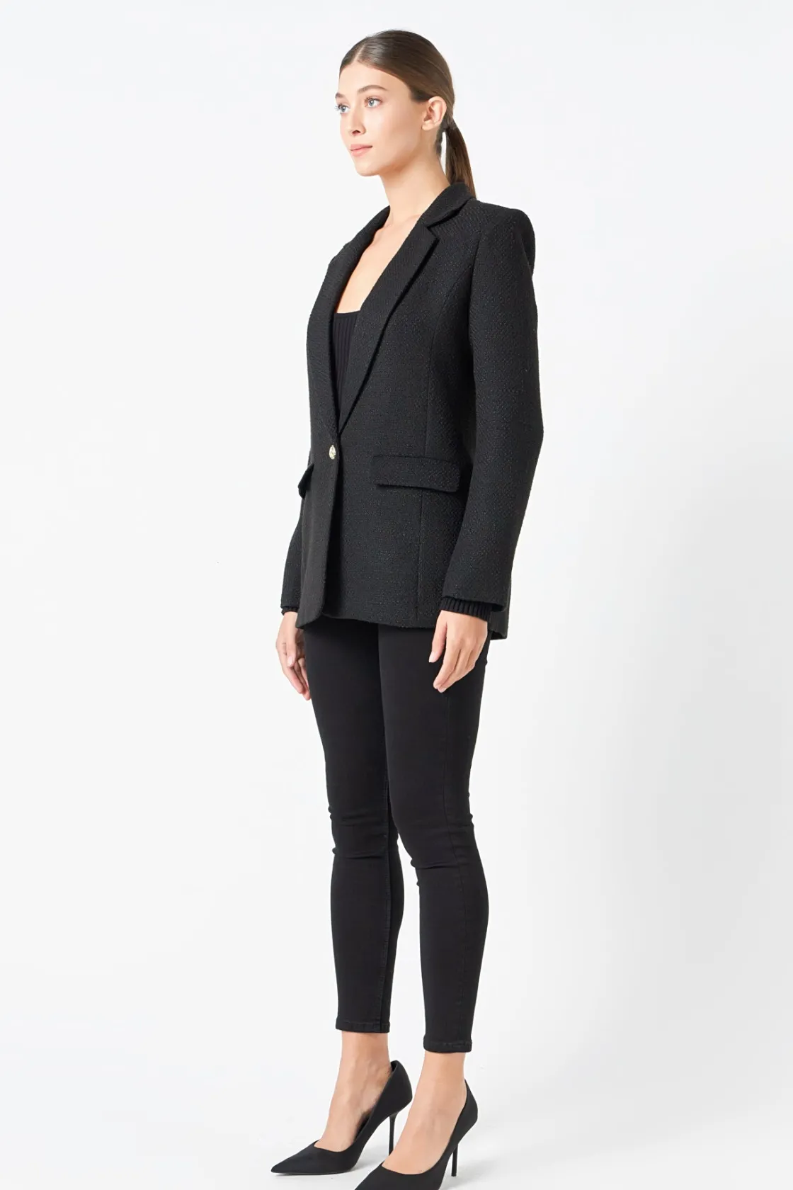 endless_rose__tweed_singl_7.webp ENDLESS ROSE Matching Sets | Blazers*- Tweed Single Breast Blazer BLACK