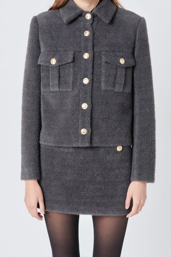ENDLESS ROSE Matching Sets | Jackets & Coats*- Tweed Soft Brushed Buttoned Jacket GREY