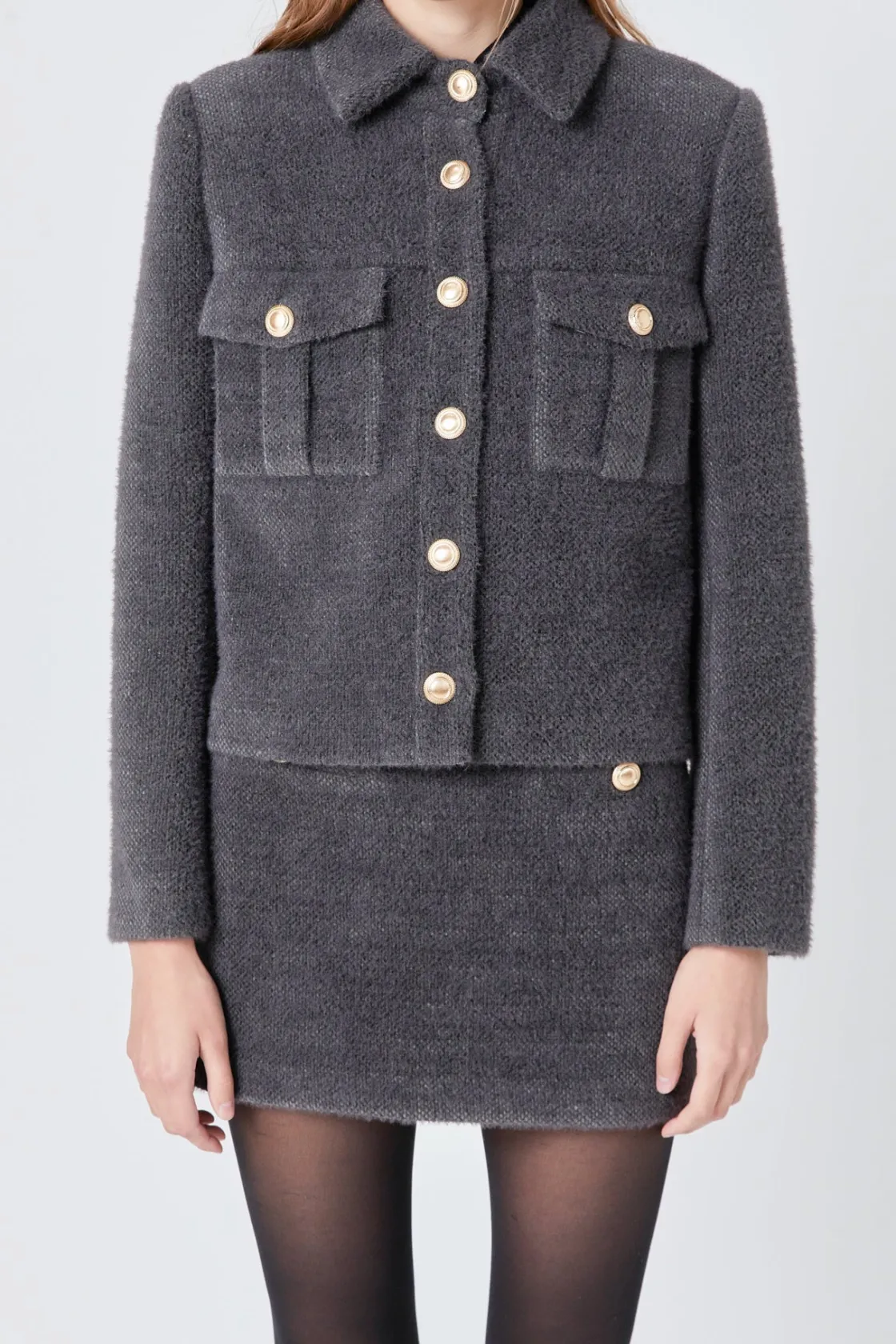 endless_rose__tweed_soft__0.webp ENDLESS ROSE Matching Sets | Jackets & Coats*- Tweed Soft Brushed Buttoned Jacket GREY