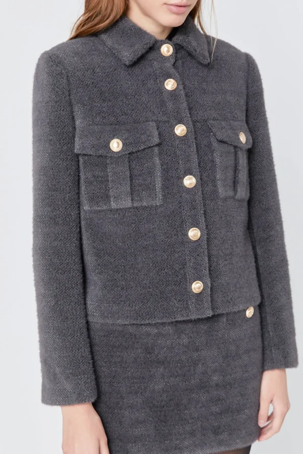 ENDLESS ROSE Matching Sets | Jackets & Coats*- Tweed Soft Brushed Buttoned Jacket GREY