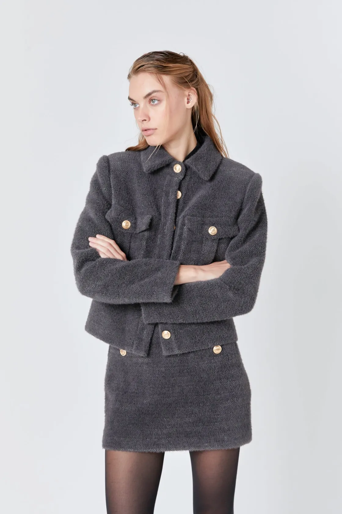 endless_rose__tweed_soft__3.webp ENDLESS ROSE Matching Sets | Jackets & Coats*- Tweed Soft Brushed Buttoned Jacket GREY