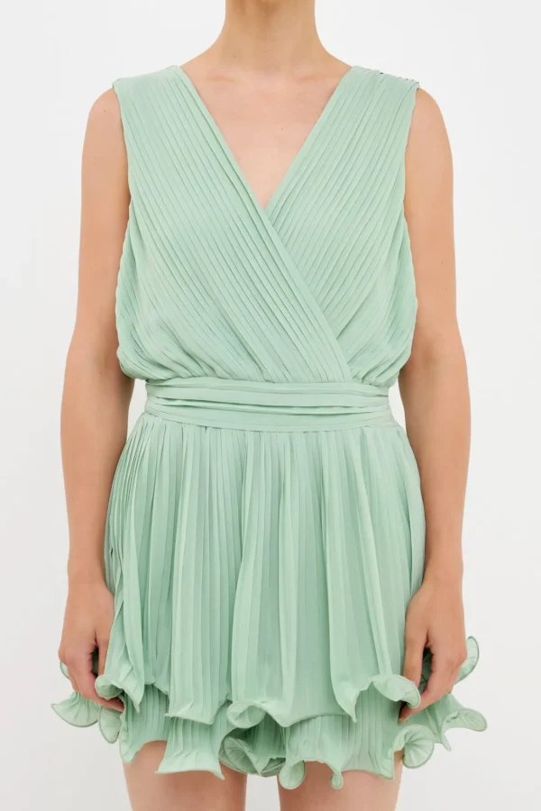 ENDLESS ROSE Tops*- V Neck Pleated Sleeveless Romper SAGE