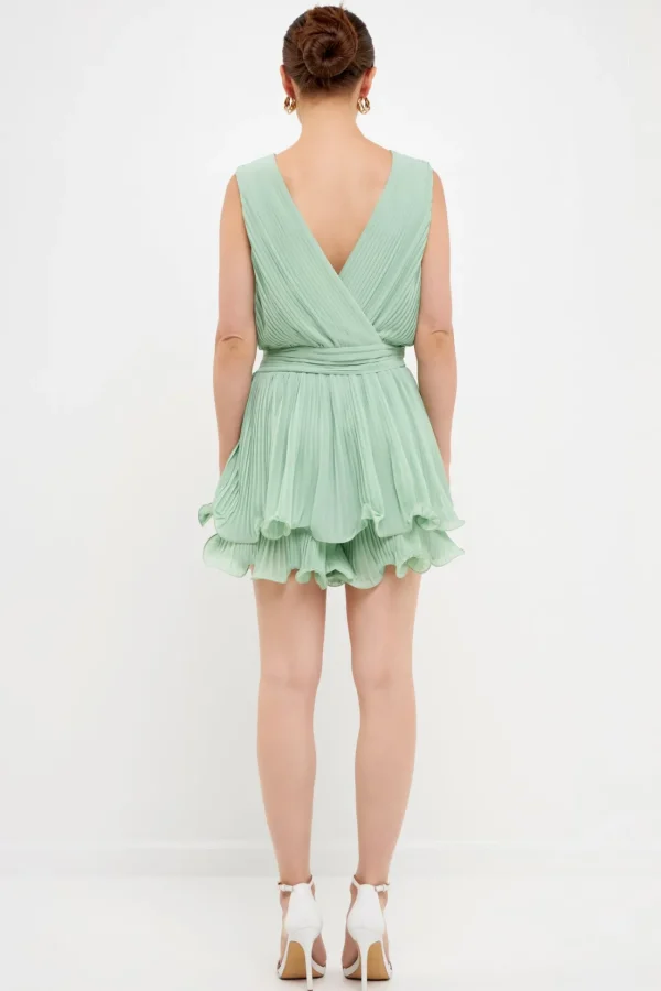 ENDLESS ROSE Tops*- V Neck Pleated Sleeveless Romper SAGE