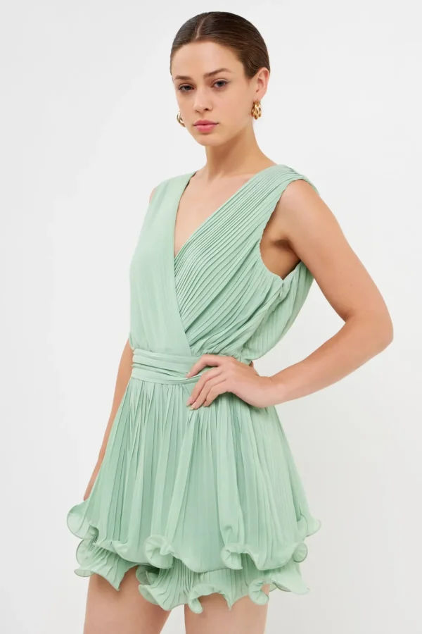 ENDLESS ROSE Tops*- V Neck Pleated Sleeveless Romper SAGE