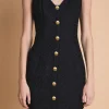 ENDLESS ROSE Tweed Dresses | Matching Sets*- V Neck Tweed Mini Dress with Gold Buttons BLACK