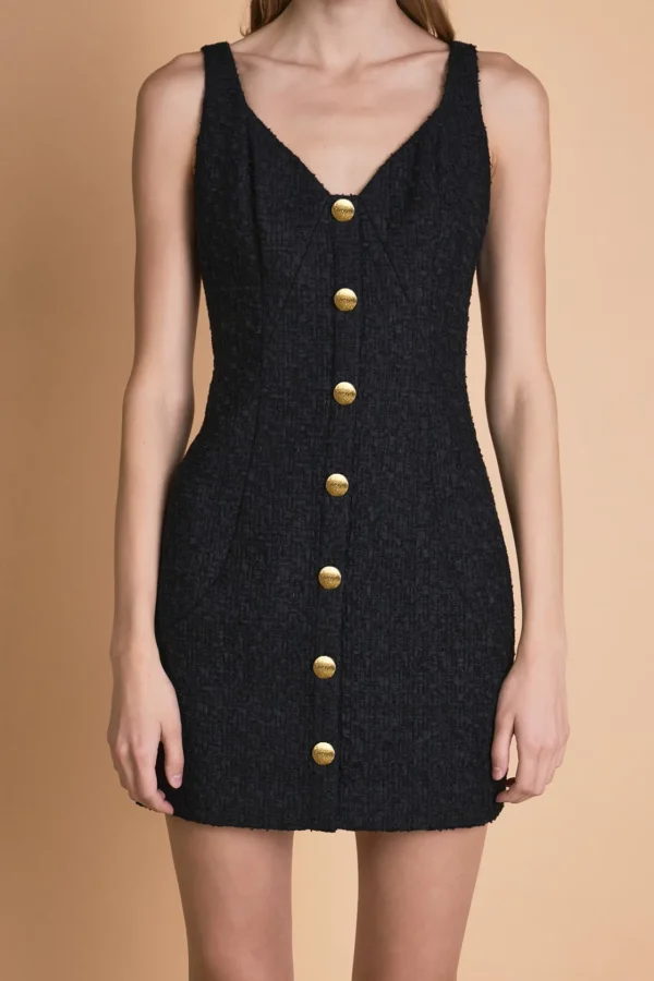 ENDLESS ROSE Tweed Dresses | Matching Sets*- V Neck Tweed Mini Dress with Gold Buttons BLACK