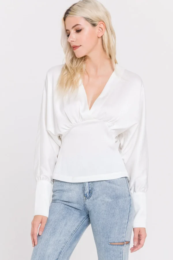 ENDLESS ROSE Tops*- V Neck Woven Blouse WHITE
