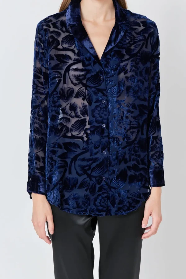 ENDLESS ROSE Tops*- Velvet Burnout Collared Top NAVY