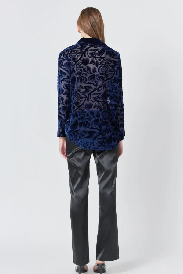 ENDLESS ROSE Tops*- Velvet Burnout Collared Top NAVY