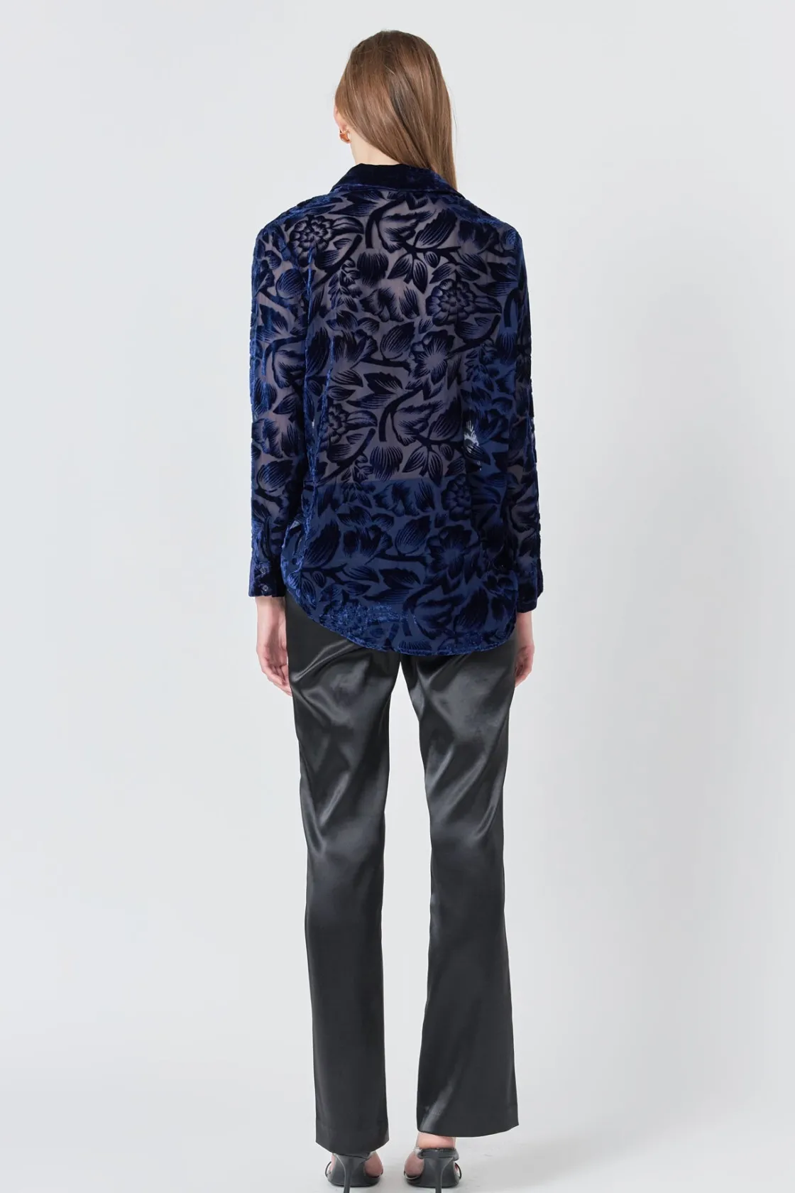 endless_rose__velvet_burn_2.webp ENDLESS ROSE Tops*- Velvet Burnout Collared Top NAVY