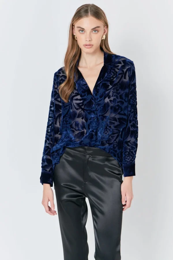 ENDLESS ROSE Tops*- Velvet Burnout Collared Top NAVY